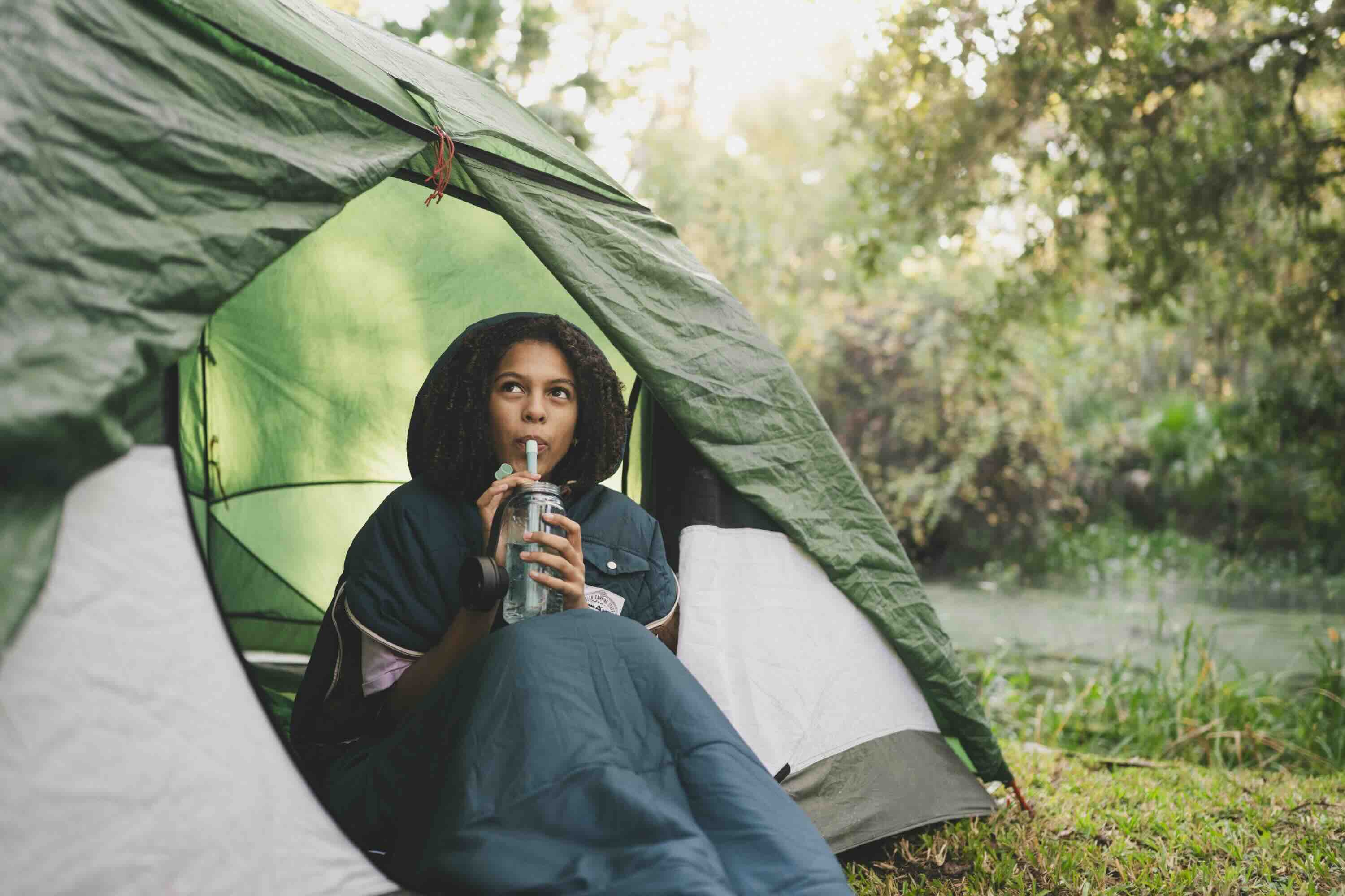 camping, Tent, Wasserflasche, Trinken, Draußen