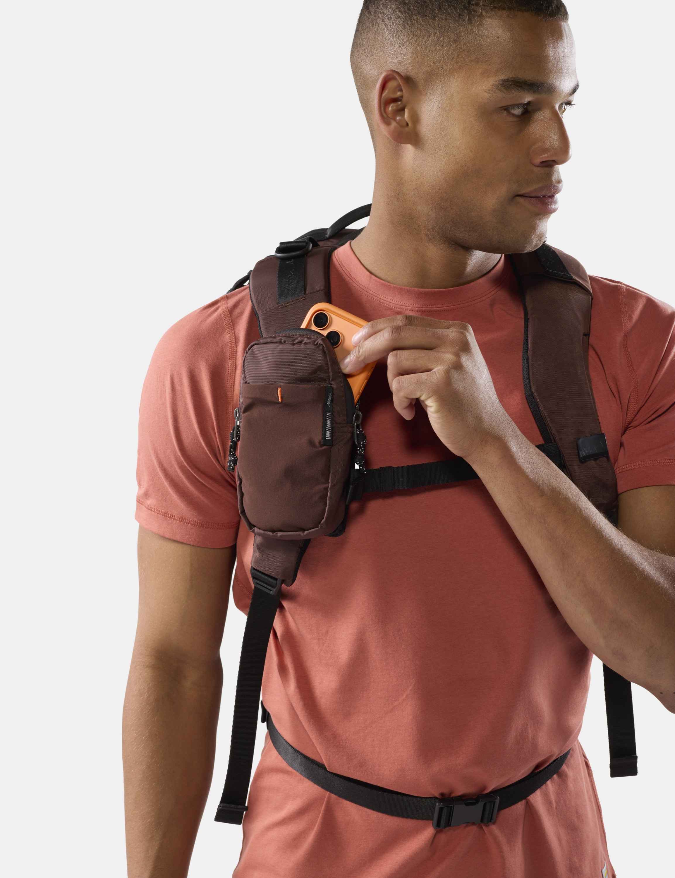 leichter Rucksack, Kameratasche, Gürteltasche, Smartphonefach, orange Smartphone