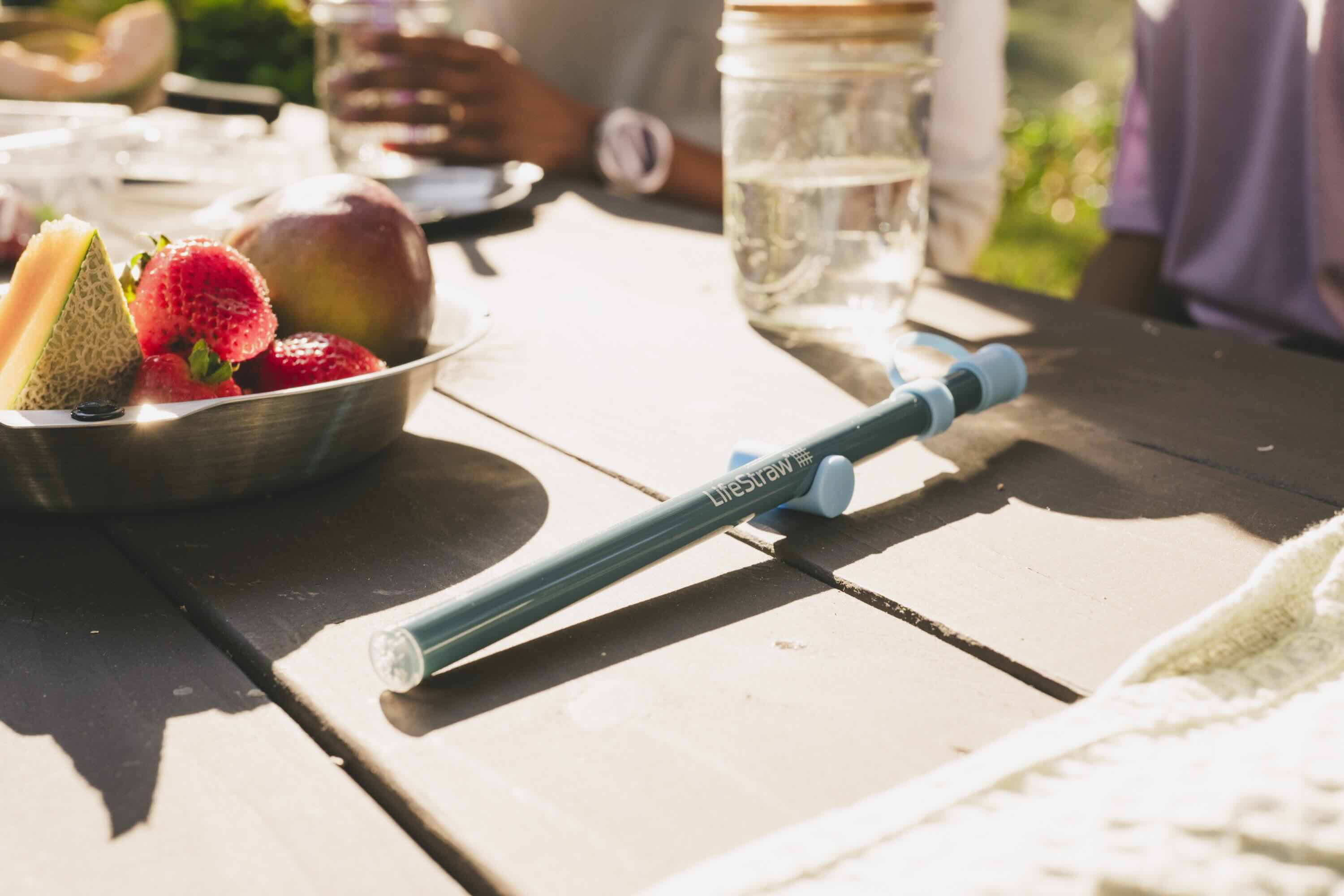 Picknick, Fruchtschale, Strohhalm, Stift, Außenbereich Tisch