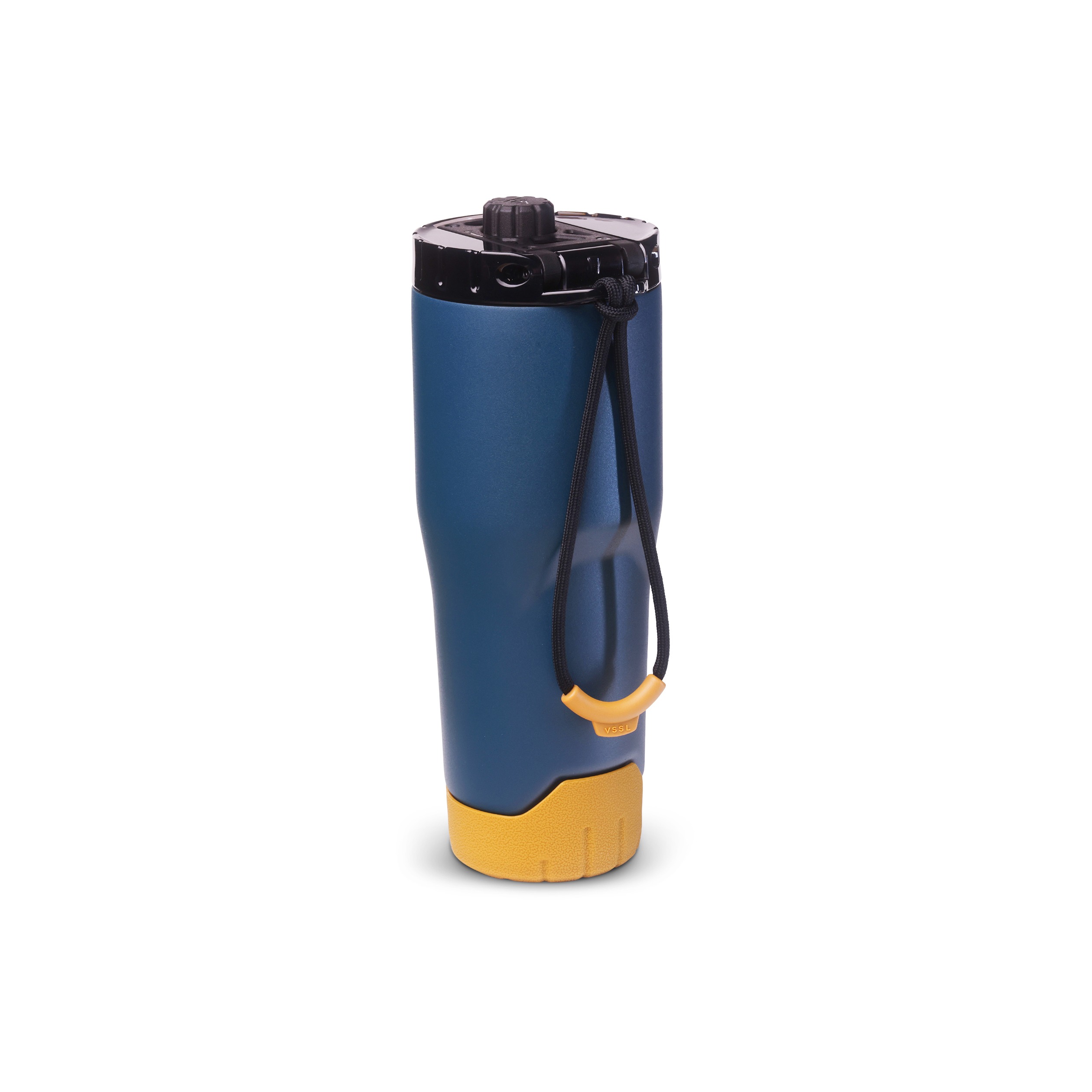 Thermobecher, blau-gelb, Trinkbecher mit Deckel, Trageschlaufe, isolierter Becher