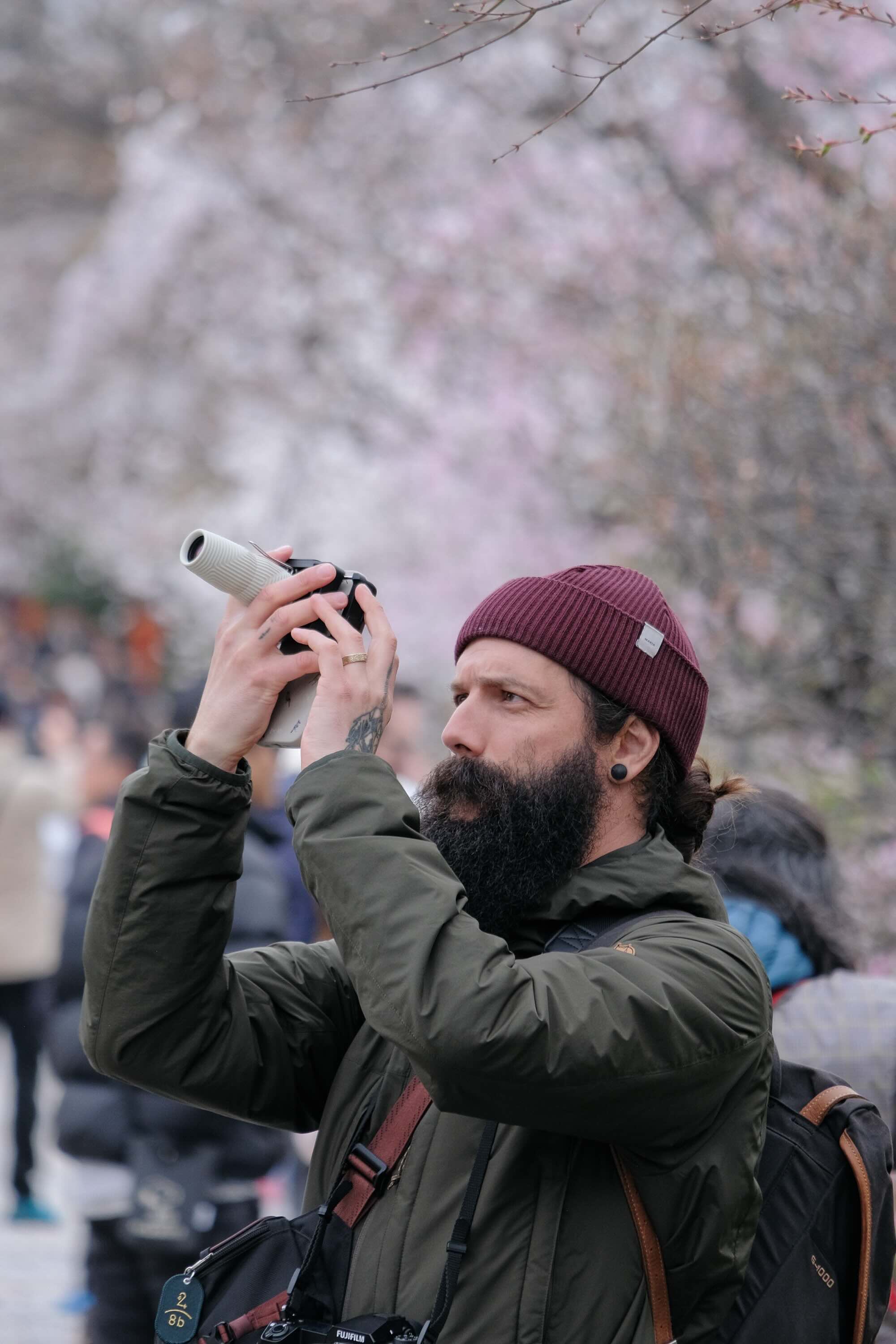 Kamera, Bart, Mütze, Jacke, Kamera-Setup