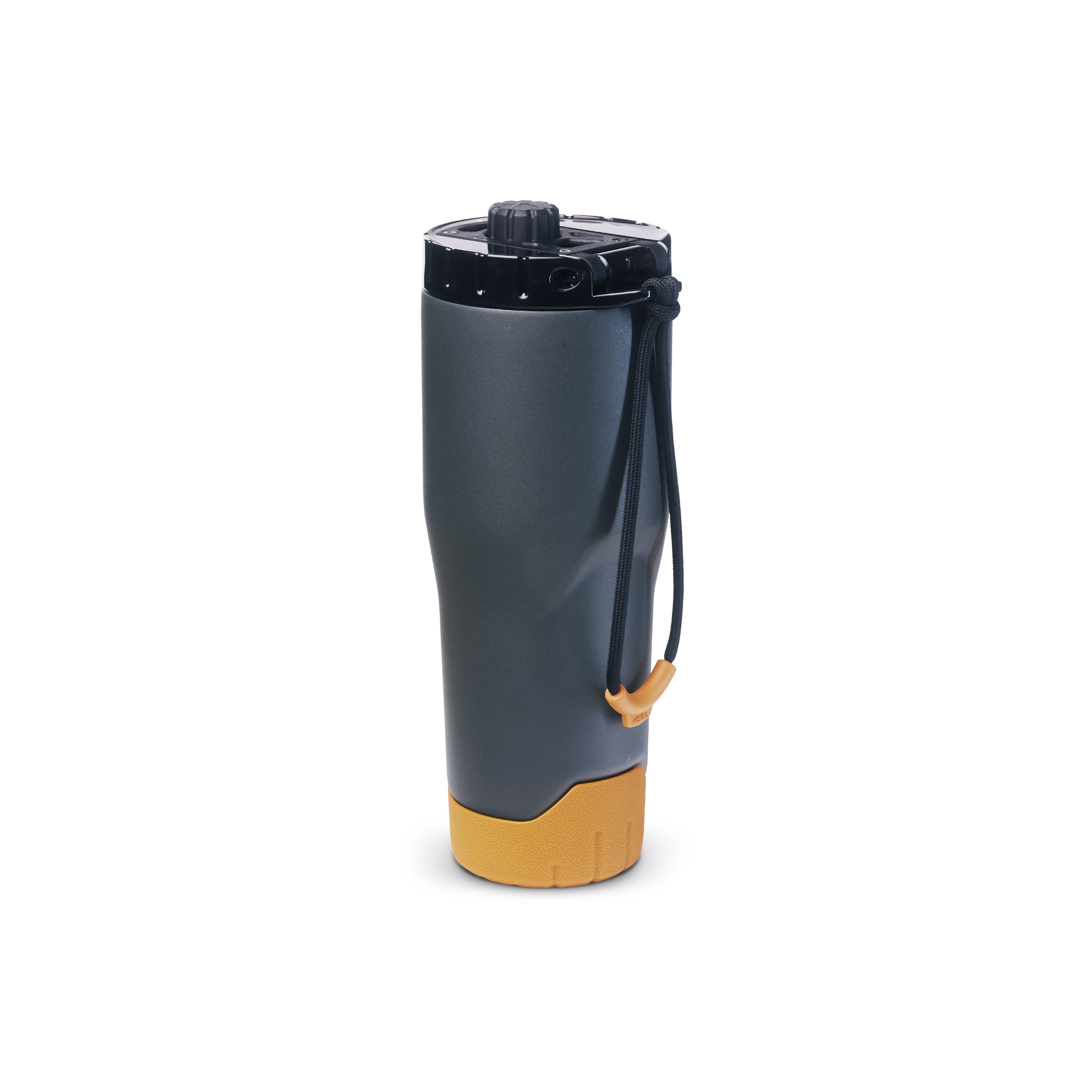 Thermobecher, Trinkbecher, Dunkelgrau, Orangefarbener Boden, Trageschlaufe