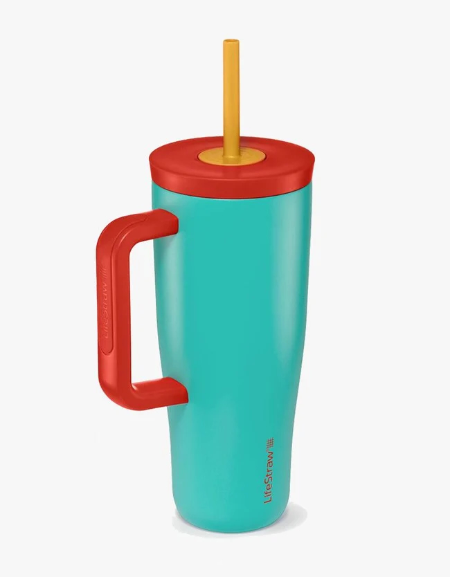 Becher, Trinkbecher, Strohhalm, Rot Griff, Türkis